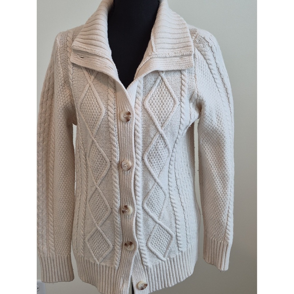 LL Bean Women's Ivory Wool Blend Cable Knit Button Front Cardigan Sweater Medium